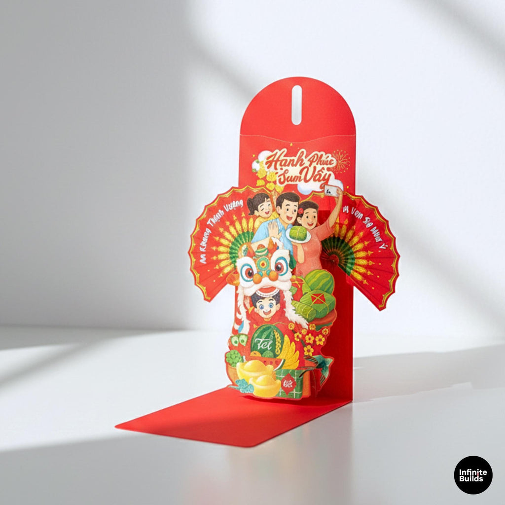 Assorted Vietnamese 3D Pop Up Red Envelopes Set of 6 | Mixed Lunar New Year Lì Xì Collection | Tết Lucky Money Decor