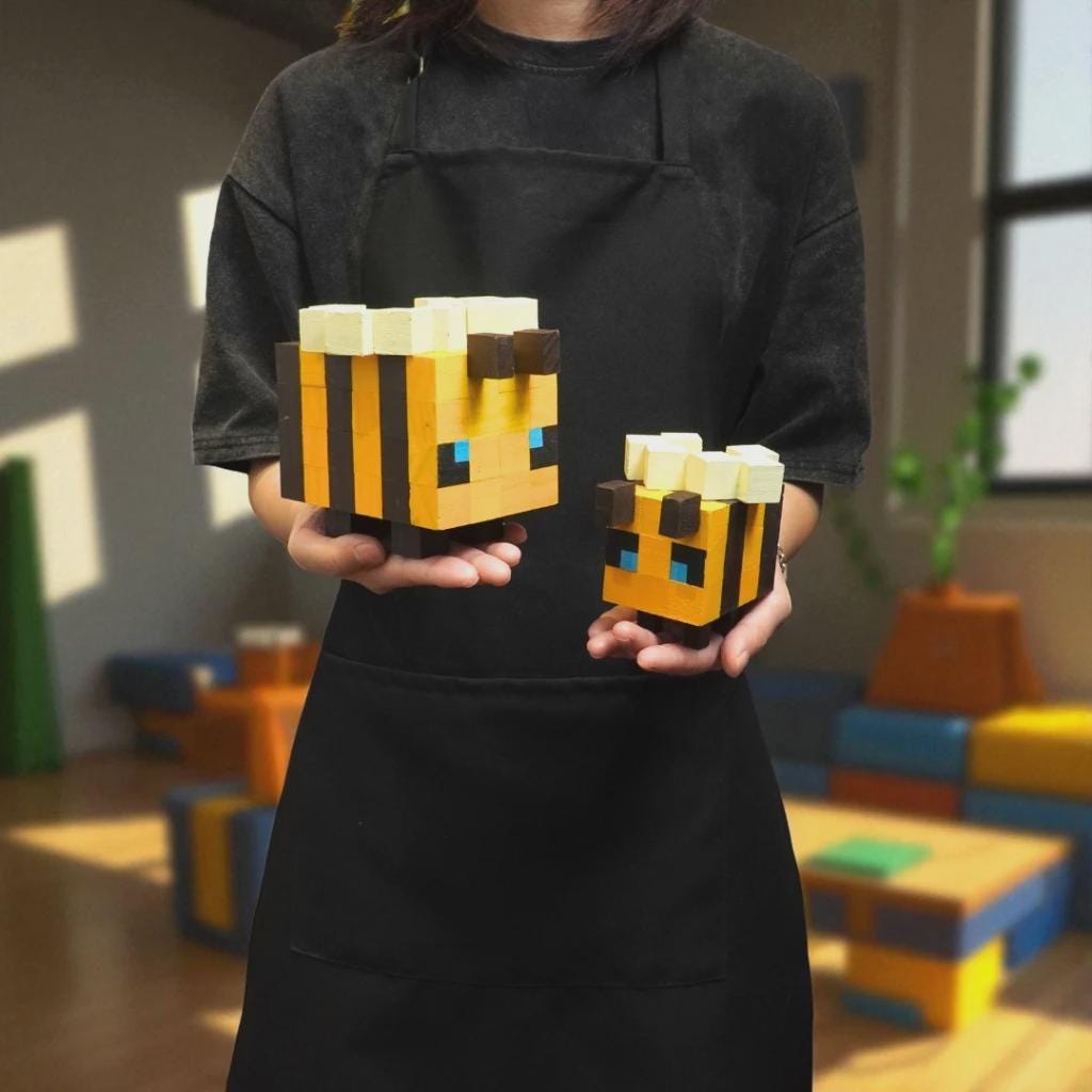 Minecraft Wooden Bee Model & DIY Painting Kit | Handmade Natural Wood Toy, Collectible Gamer Gift, Kids Craft Activity
