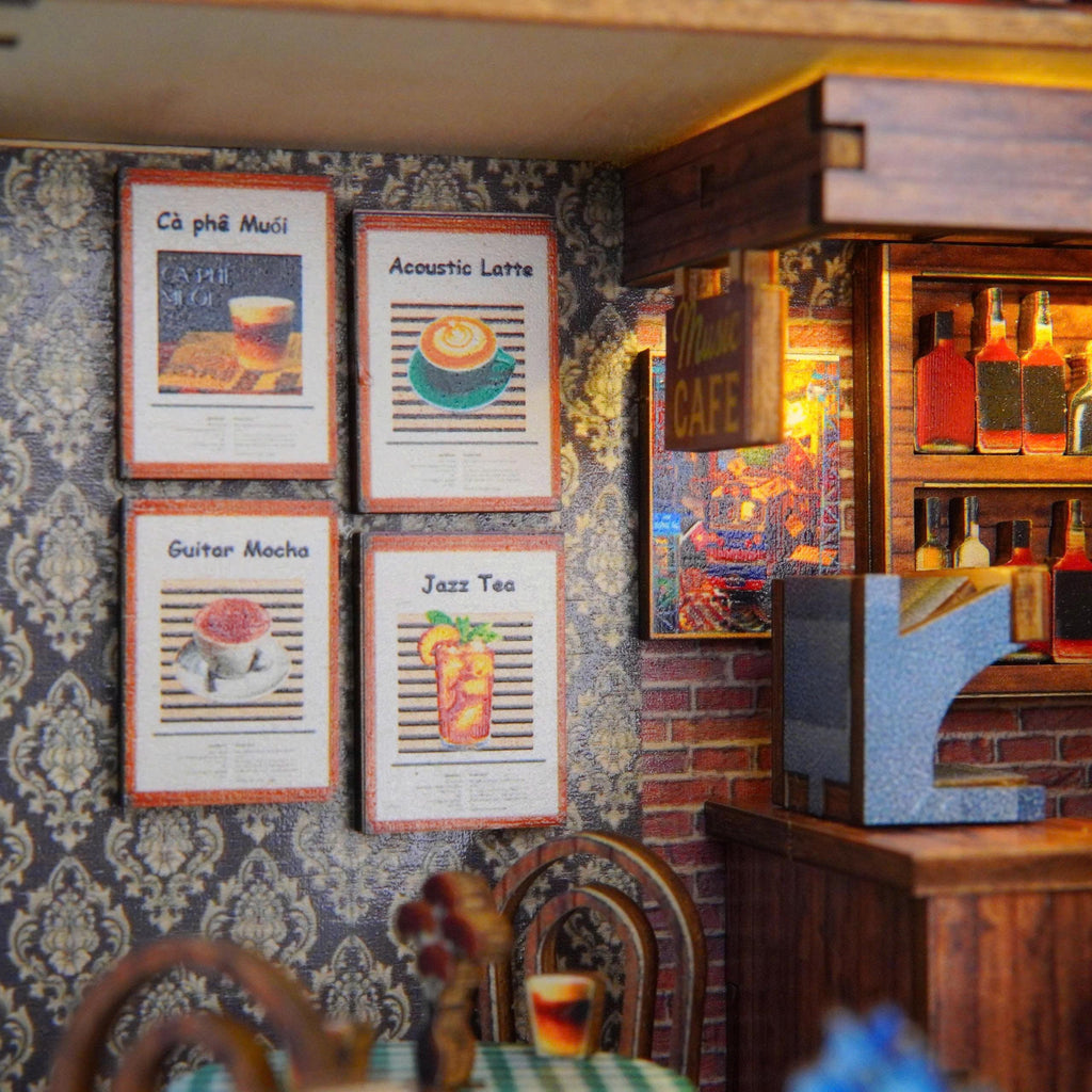 Halom Coffee Music DIY Book Nook | 1:24 Scale | Wooden Dollhouse Kit | LED Lighted Mini Room | Gift for DIY & Miniature Lovers