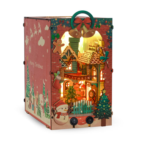 Christmas Night Book Nook | DIY Lighted Miniature Kit with Music & Moving Santa Sleigh | Holiday Bookshelf Decor Gift