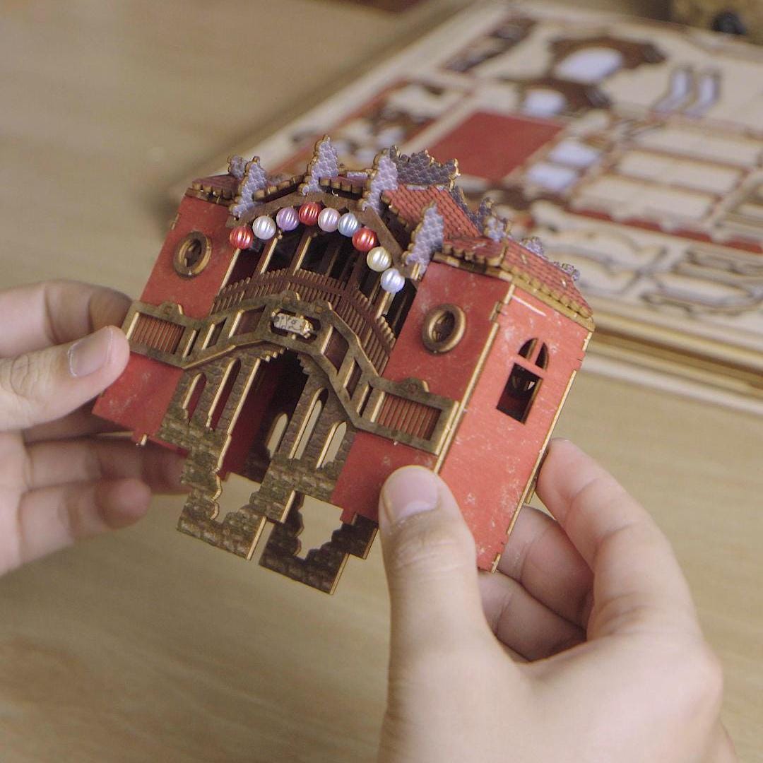 Hoi An Book Nook DIY Kit – Vietnamese Ancient Town Miniature, Wooden Bookshelf Insert with LED Light, Asian Diorama Craft Gift