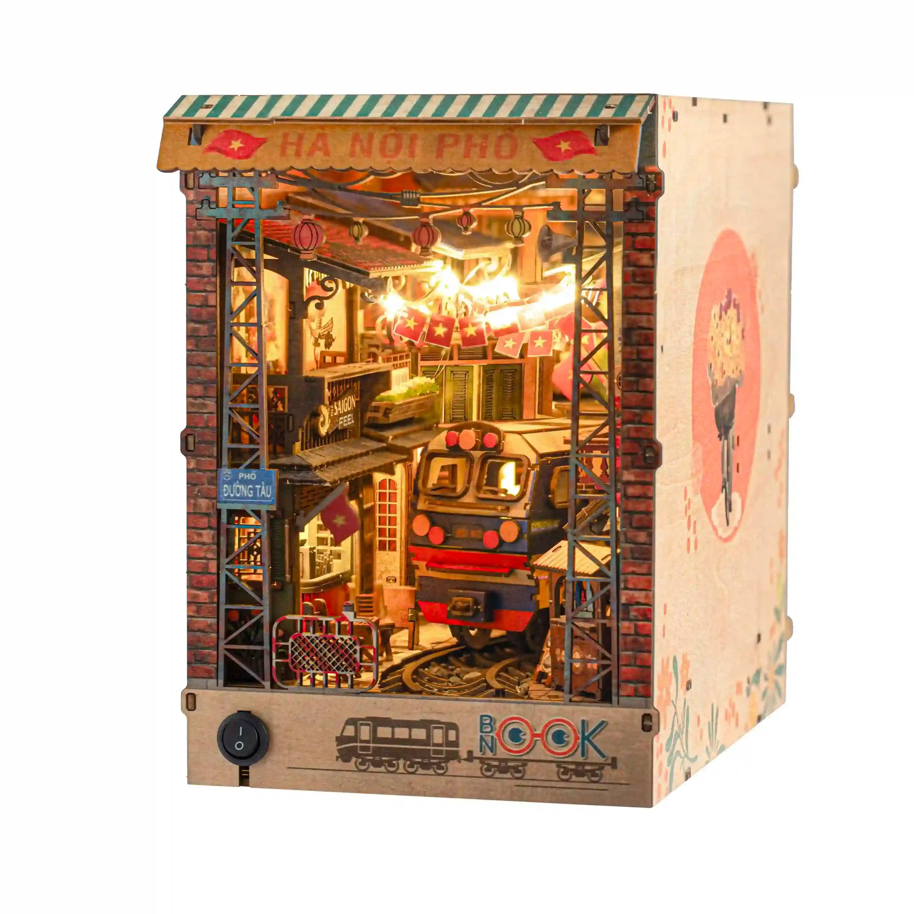 Hanoi Train Street DIY Book Nook Kit | Vietnamese Street Scene Miniature with LED Lights | 3D Wooden Puzzle Diorama | Handmade Vietnam Gift