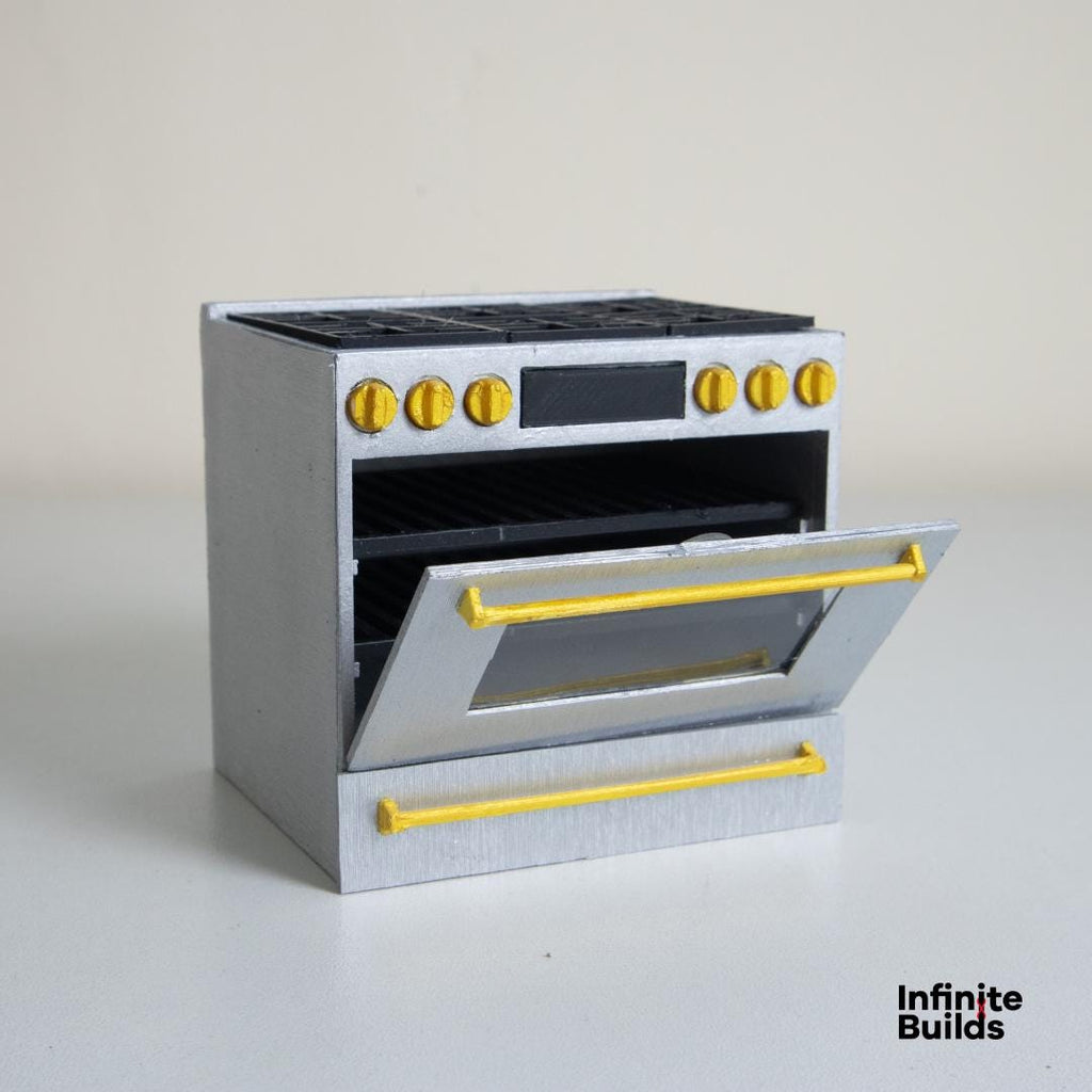 Miniature Café Smart Kitchen Range | Dollhouse Kitchen Stovetop and Oven | 1:12 Scale Model | Stainless Steel + Brushed Gold
