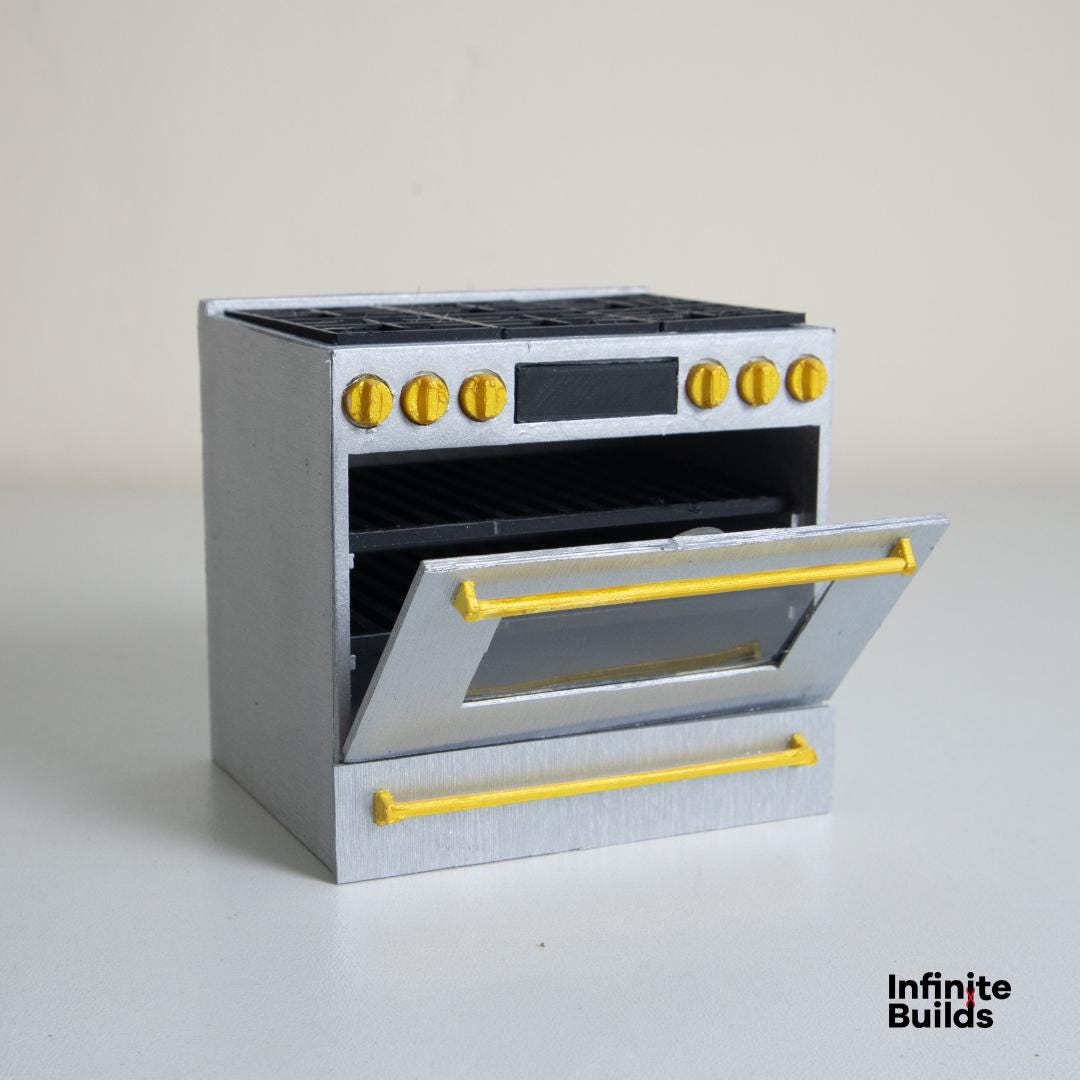 Miniature Café Smart Kitchen Range | Dollhouse Kitchen Stovetop and Oven | 1:12 Scale Model | Stainless Steel + Brushed Gold
