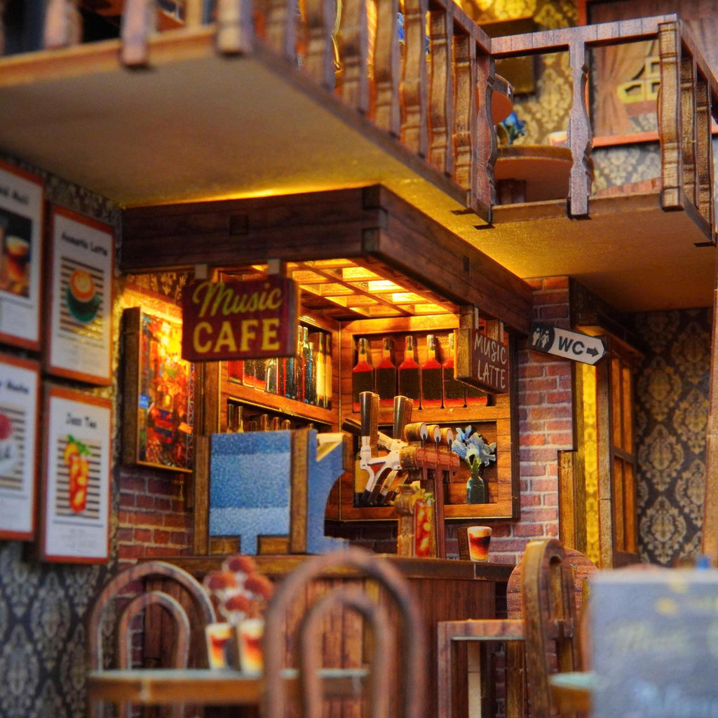 Halom Coffee Music DIY Book Nook | 1:24 Scale | Wooden Dollhouse Kit | LED Lighted Mini Room | Gift for DIY & Miniature Lovers