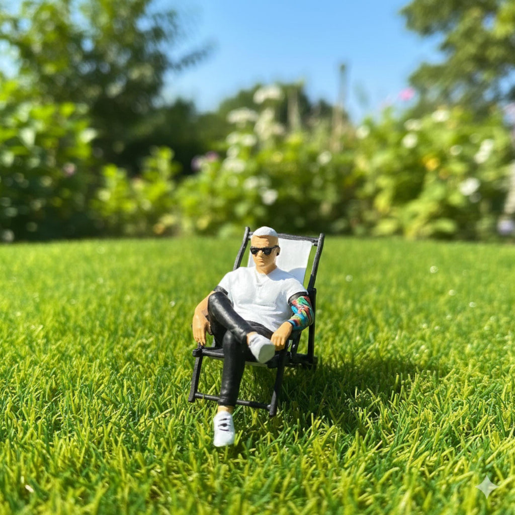 1:64 Miniature Seated Man Figure with Camping Chair | 12K Resin Model | Diorama Figure for Model Scene Display