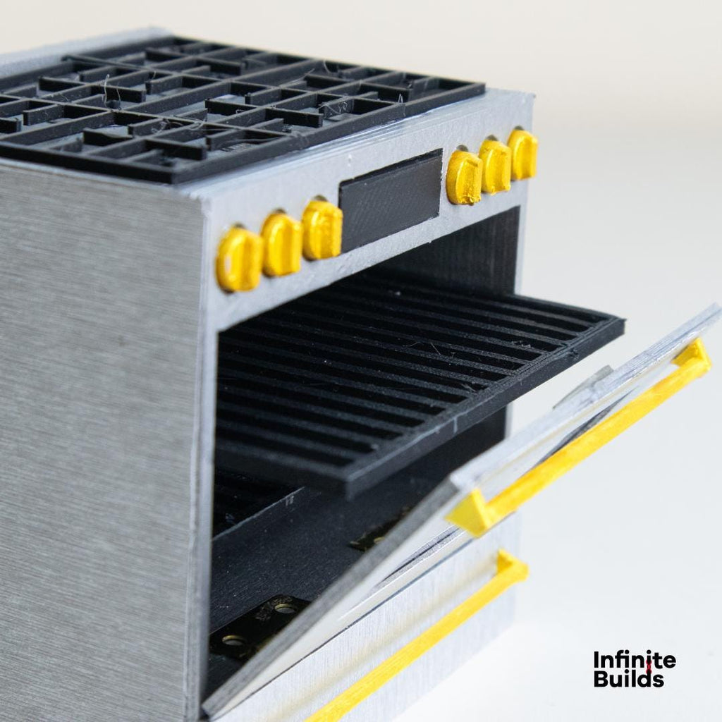 Miniature Café Smart Kitchen Range | Dollhouse Kitchen Stovetop and Oven | 1:12 Scale Model | Stainless Steel + Brushed Gold