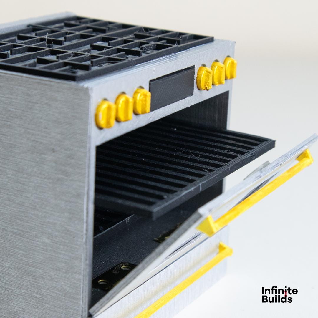 Miniature Café Smart Kitchen Range | Dollhouse Kitchen Stovetop and Oven | 1:12 Scale Model | Stainless Steel + Brushed Gold