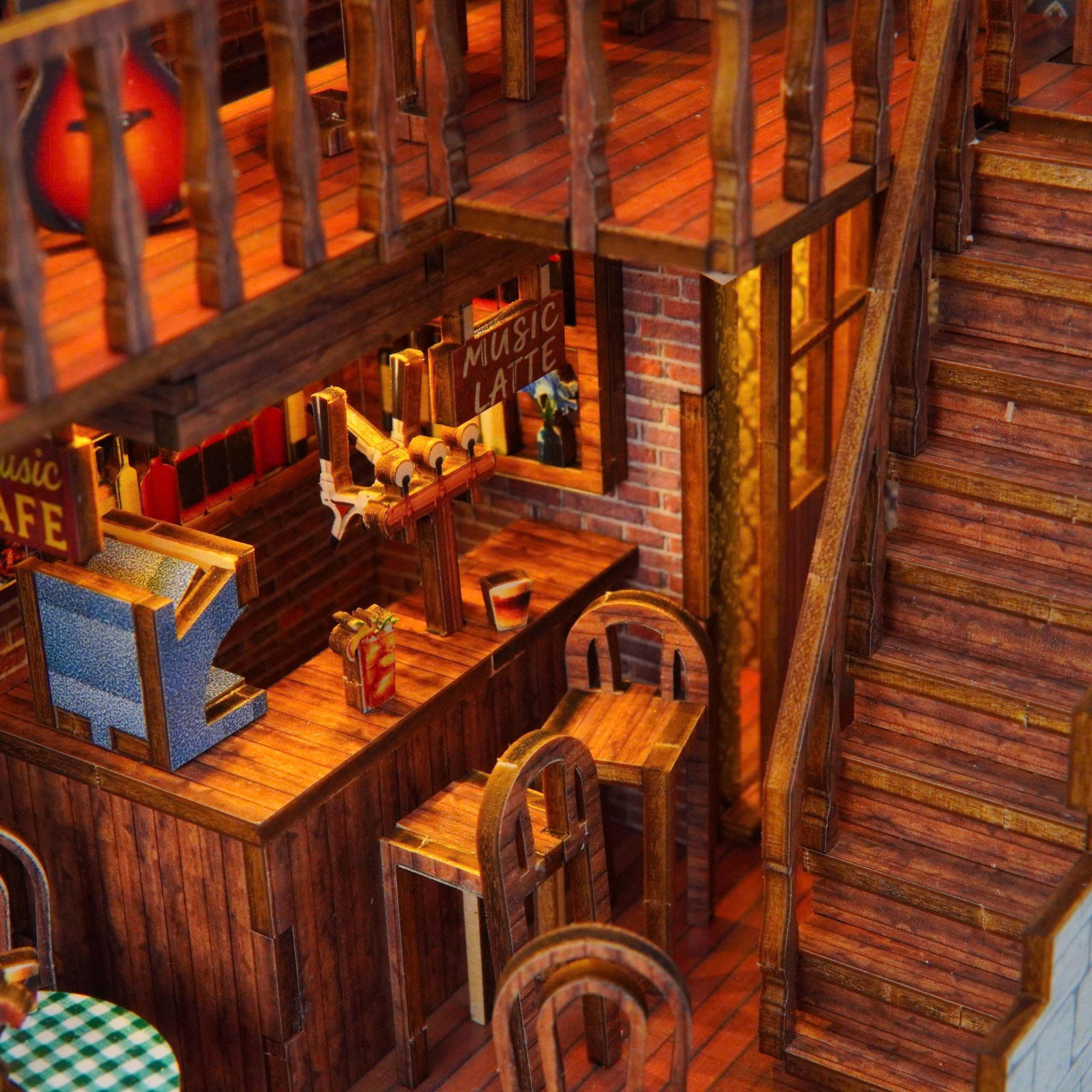 Halom Coffee Music DIY Book Nook | 1:24 Scale | Wooden Dollhouse Kit | LED Lighted Mini Room | Gift for DIY & Miniature Lovers