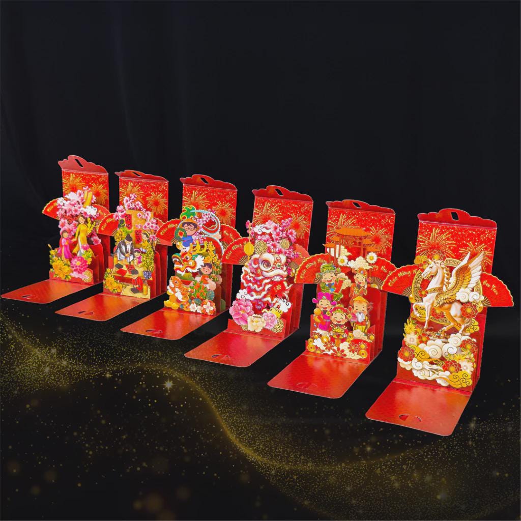 Vietnamese 3D Popup Red Envelopes Set 2026 | Set of 6 | Year of the Horse Lucky Money Pack | Lunar New Year Tet Red Packet