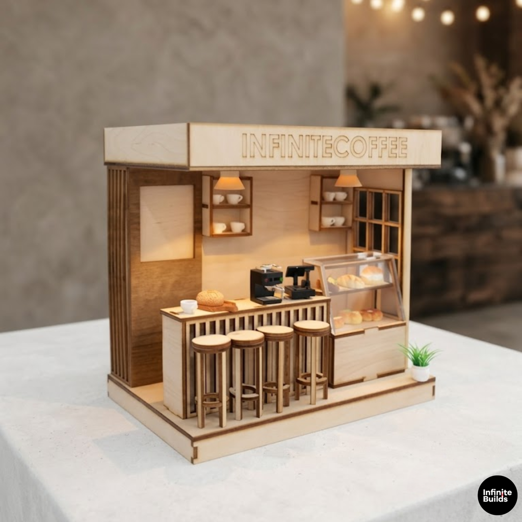 A miniature wooden coffee shop stall model labeled 'INFINITECOFFEE' on a white table, with warm interior lighting, bar stools, shelves, and a small plant in a softly blurred indoor setting.
