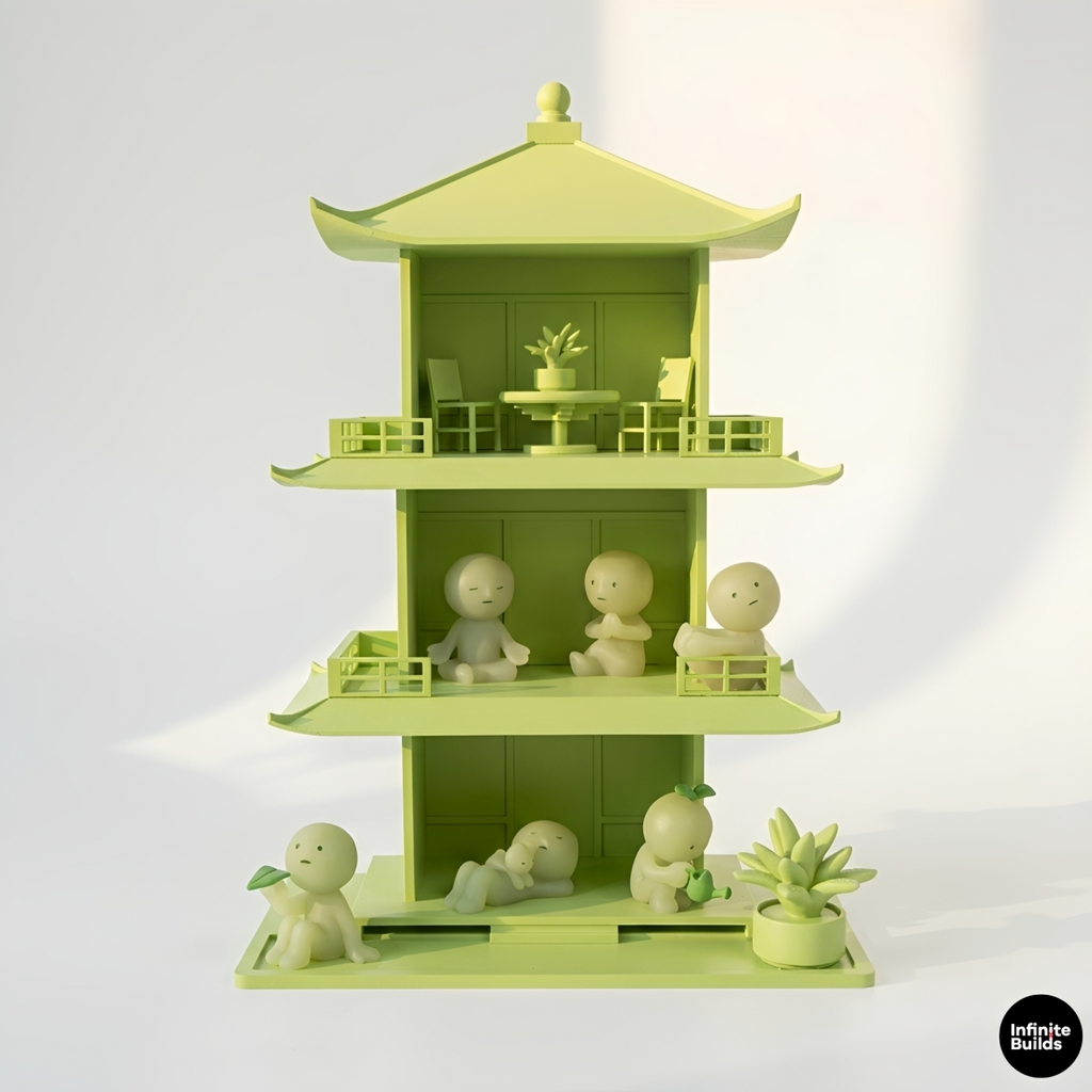Smiski Tea House Shelf | Mini Japanese Pagoda Display | Dollhouse Decor | Desk Shelf for Mini Figures | Gift for Collectors