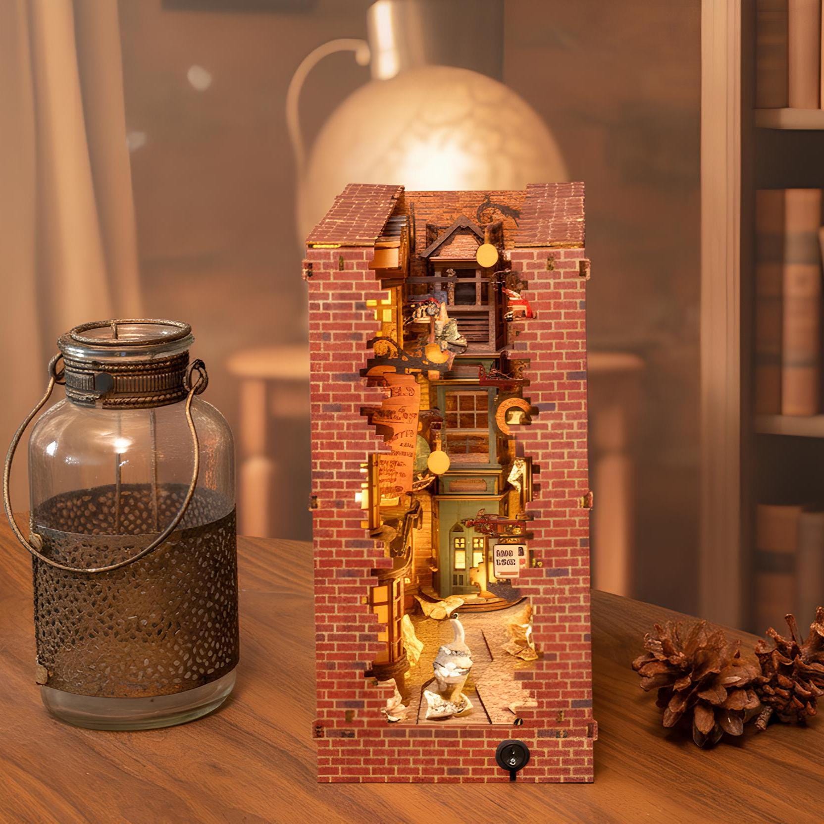 DIY Wizard Alley Book Nook Kit: Miniature Bookshelf Insert with LED