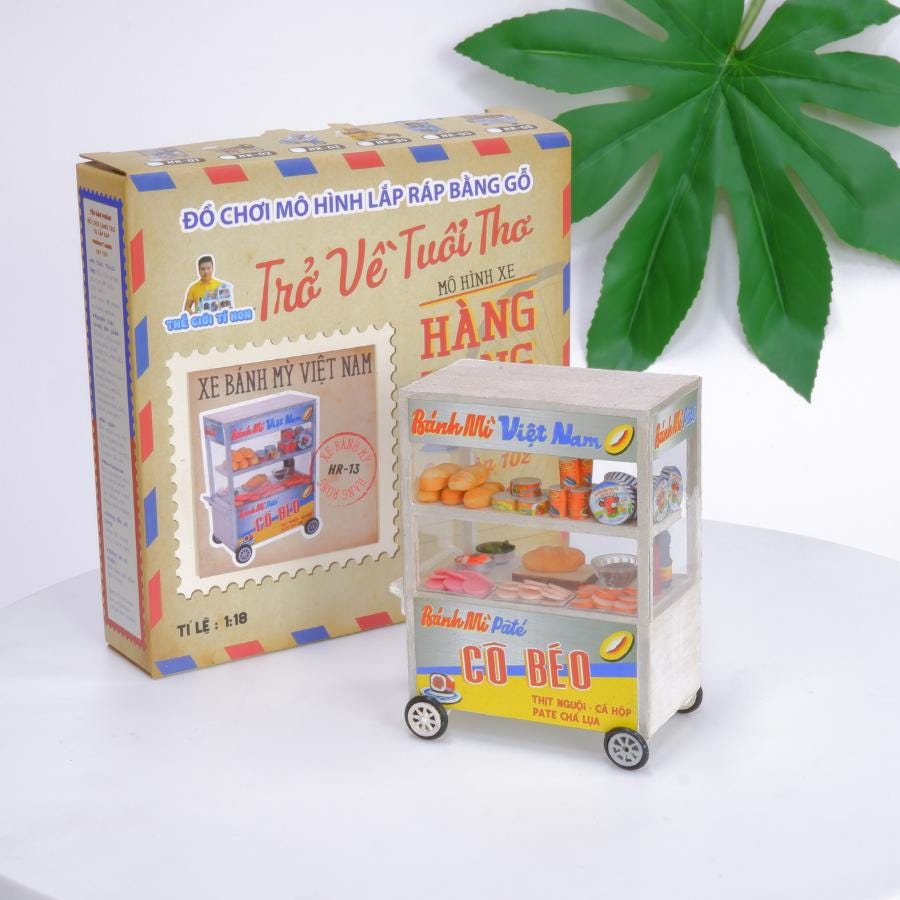 Modern Banh Mi Cart DIY Kit: 3D Wooden Puzzle, Vietnam Souvenir