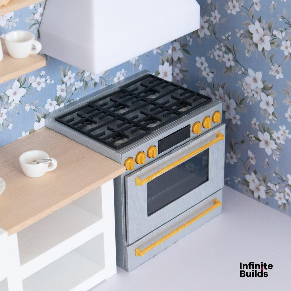 Miniature Café Smart Kitchen Range | Dollhouse Kitchen Stovetop and Oven | 1:12 Scale Model | Stainless Steel + Brushed Gold