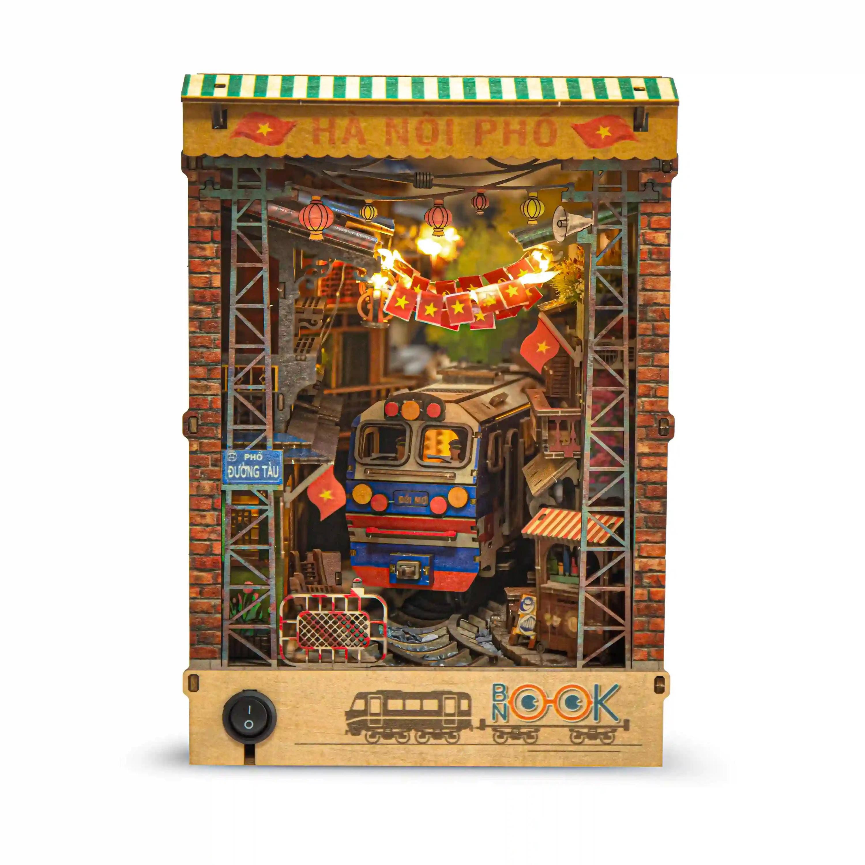 Hanoi Train Street DIY Book Nook Kit | Vietnamese Street Scene Miniature with LED Lights | 3D Wooden Puzzle Diorama | Handmade Vietnam Gift