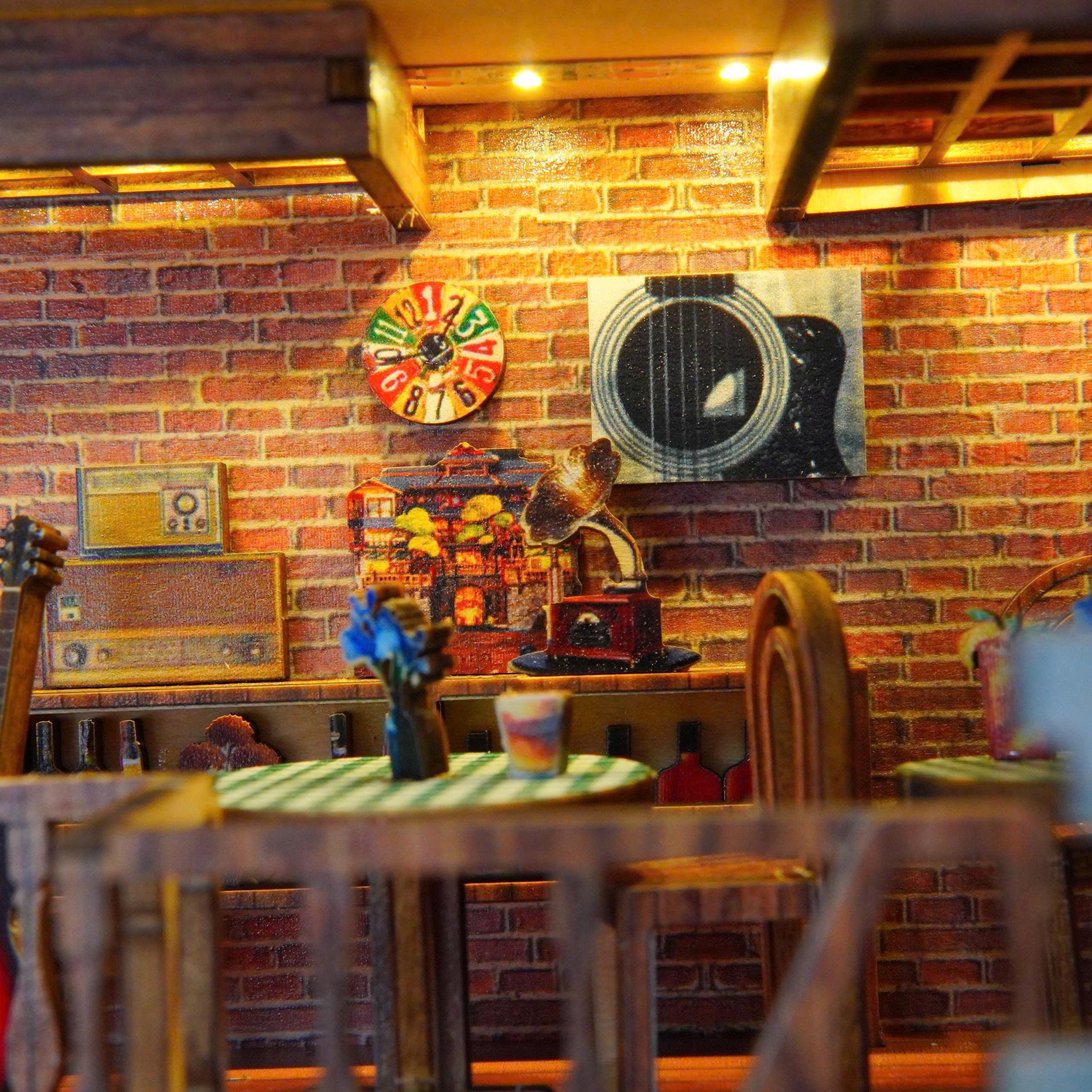 Halom Coffee Music DIY Book Nook | 1:24 Scale | Wooden Dollhouse Kit | LED Lighted Mini Room | Gift for DIY & Miniature Lovers