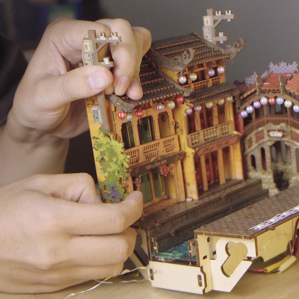 Hoi An Book Nook DIY Kit – Vietnamese Ancient Town Miniature, Wooden Bookshelf Insert with LED Light, Asian Diorama Craft Gift