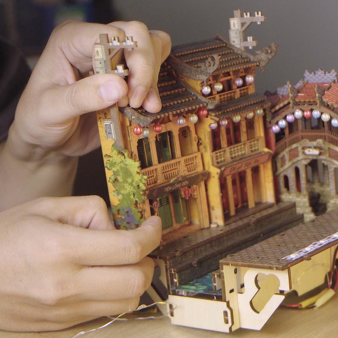 Hoi An Book Nook DIY Kit – Vietnamese Ancient Town Miniature, Wooden Bookshelf Insert with LED Light, Asian Diorama Craft Gift