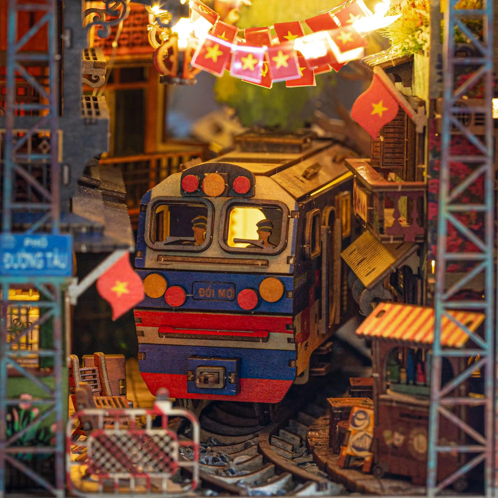 Hanoi Train Street DIY Book Nook Kit | Vietnamese Street Scene Miniature with LED Lights | 3D Wooden Puzzle Diorama | Handmade Vietnam Gift