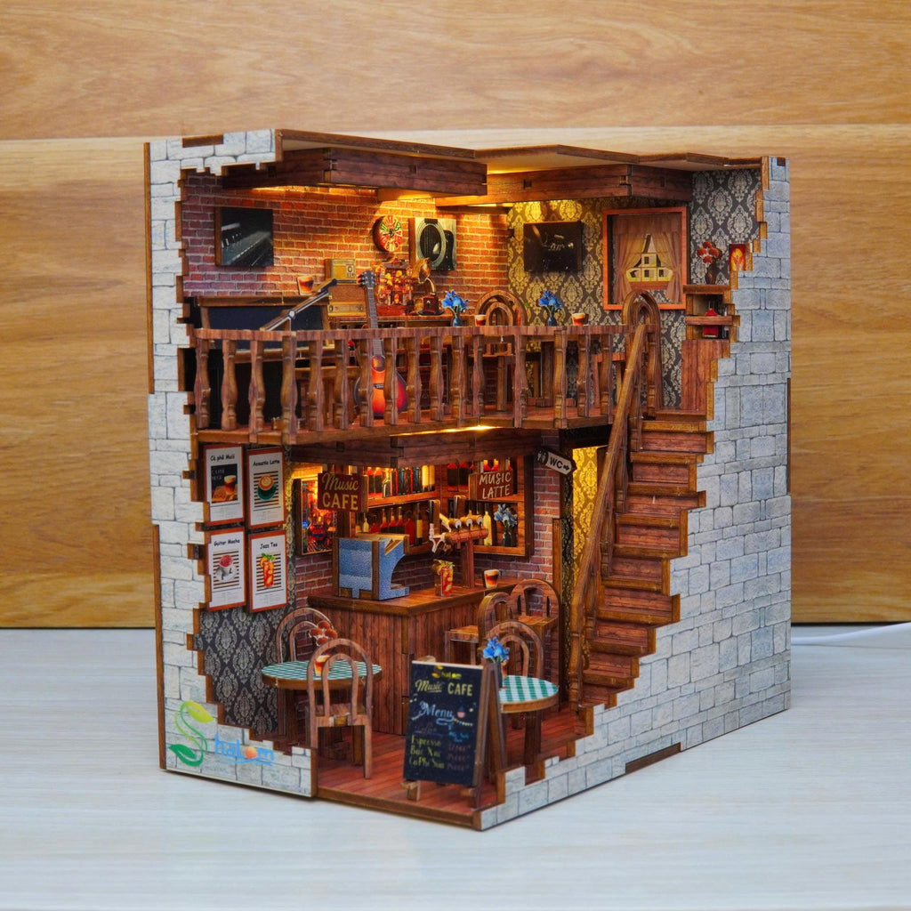 Halom Coffee Music DIY Book Nook | 1:24 Scale | Wooden Dollhouse Kit | LED Lighted Mini Room | Gift for DIY & Miniature Lovers
