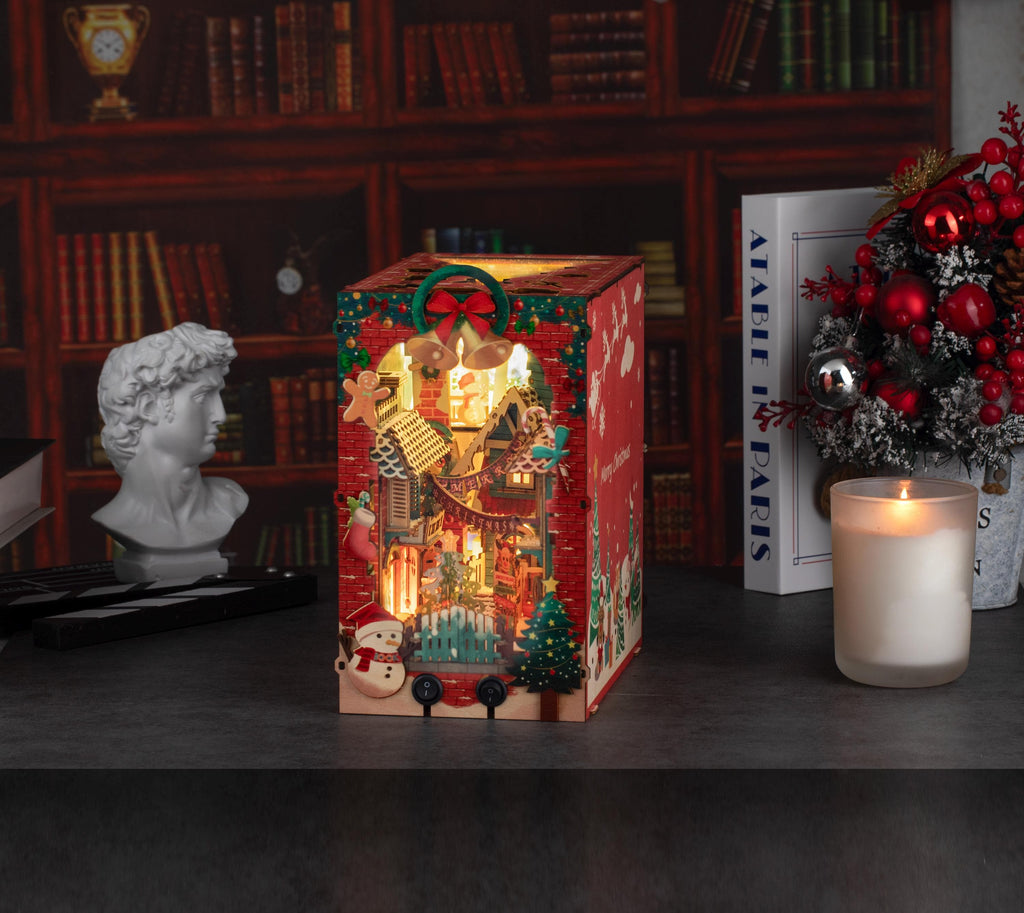 Christmas Night Book Nook | DIY Lighted Miniature Kit with Music & Moving Santa Sleigh | Holiday Bookshelf Decor Gift
