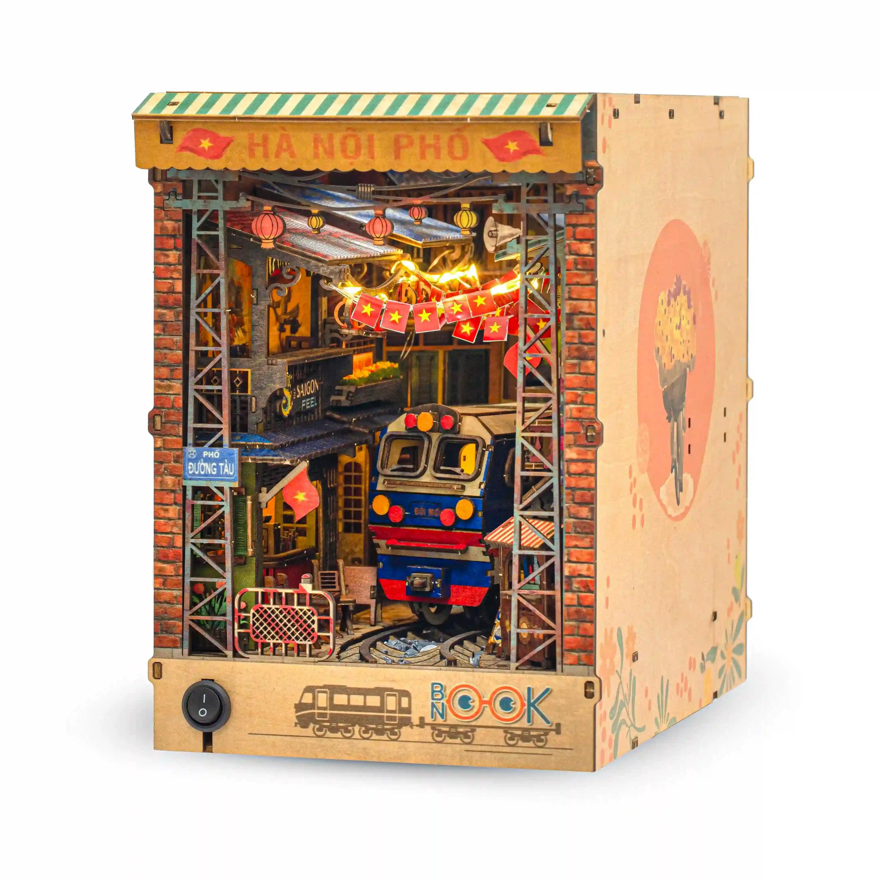 Hanoi Train Street DIY Book Nook Kit | Vietnamese Street Scene Miniature with LED Lights | 3D Wooden Puzzle Diorama | Handmade Vietnam Gift