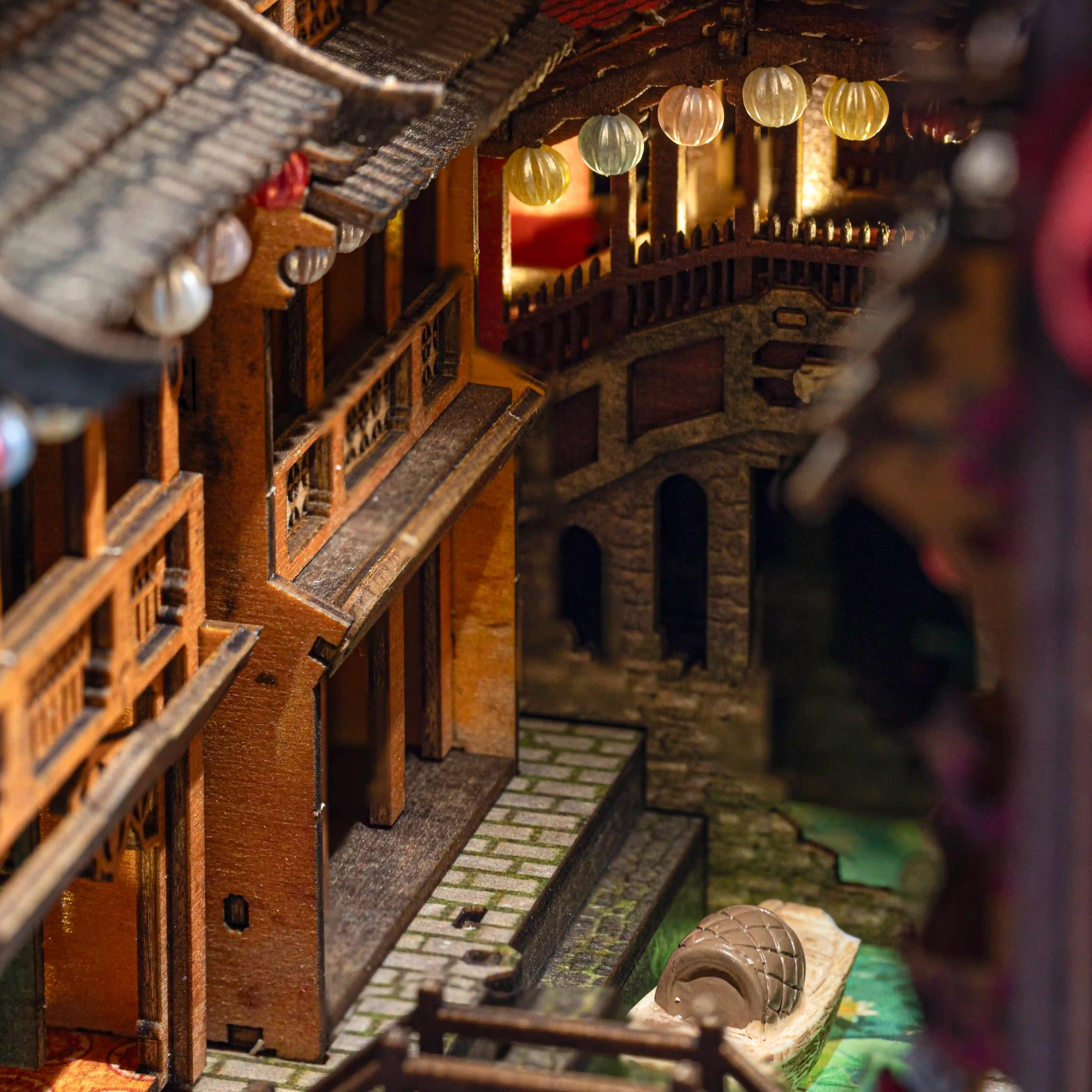 Hoi An Book Nook DIY Kit – Vietnamese Ancient Town Miniature, Wooden Bookshelf Insert with LED Light, Asian Diorama Craft Gift