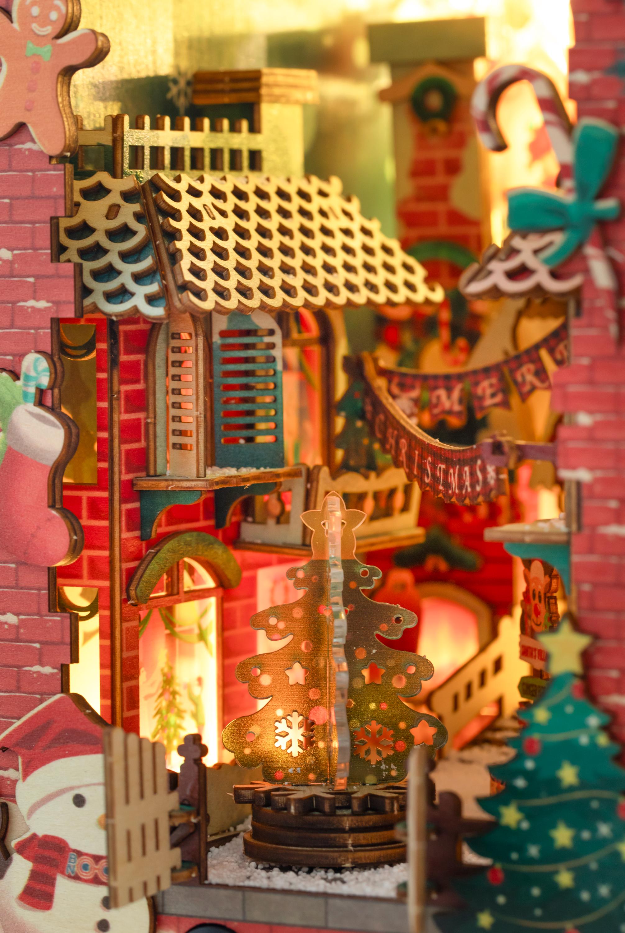 Christmas Night Book Nook | DIY Lighted Miniature Kit with Music & Moving Santa Sleigh | Holiday Bookshelf Decor Gift