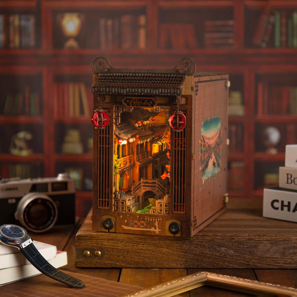 Hoi An Book Nook DIY Kit – Vietnamese Ancient Town Miniature, Wooden Bookshelf Insert with LED Light, Asian Diorama Craft Gift