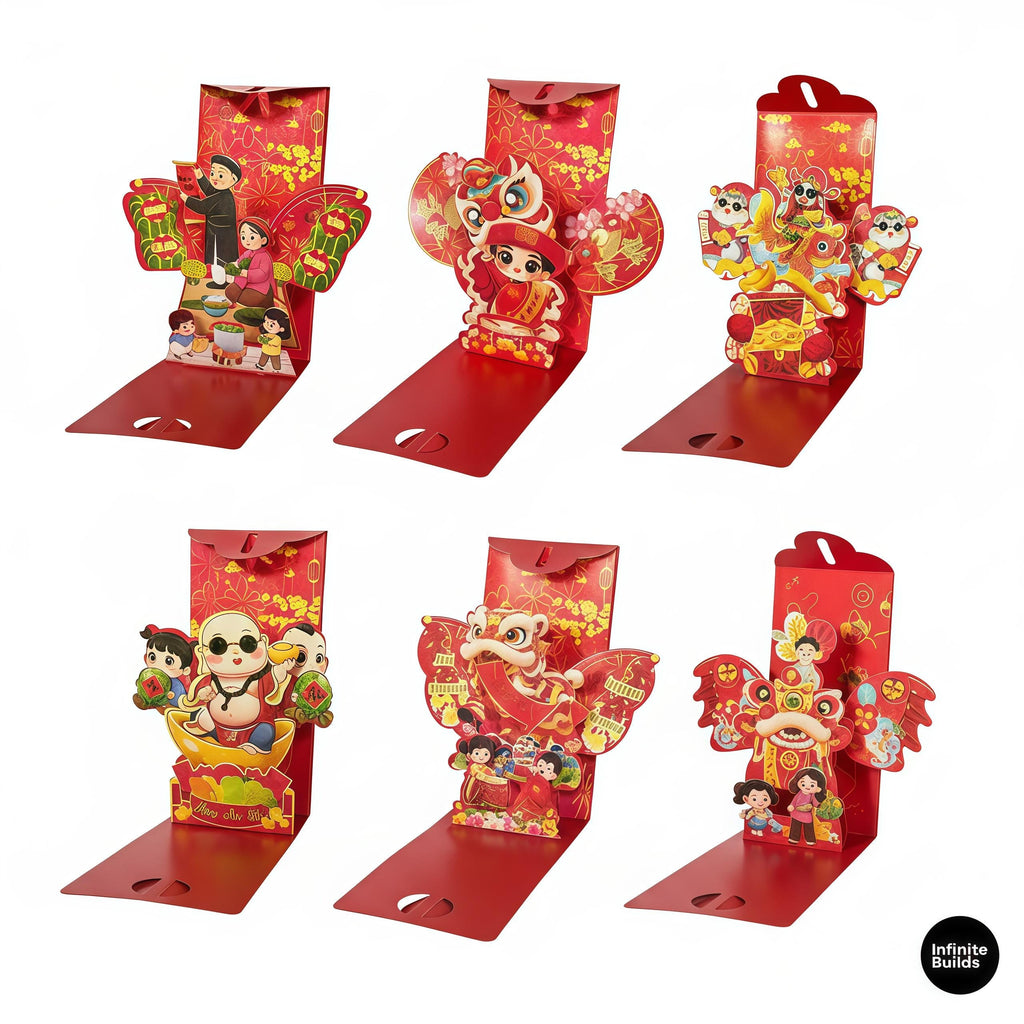 Assorted 3D Red Envelopes – Set of 6 | Earth God Prosperity Theme | Vietnamese Tết Lucky Money | Lunar New Year Decor