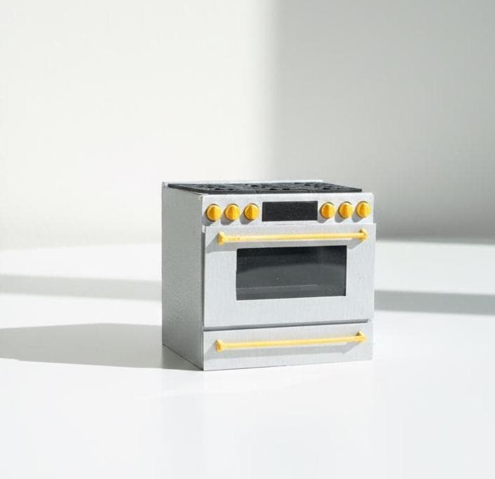 Miniature Café Smart Kitchen Range | Dollhouse Kitchen Stovetop and Oven | 1:12 Scale Model | Stainless Steel + Brushed Gold