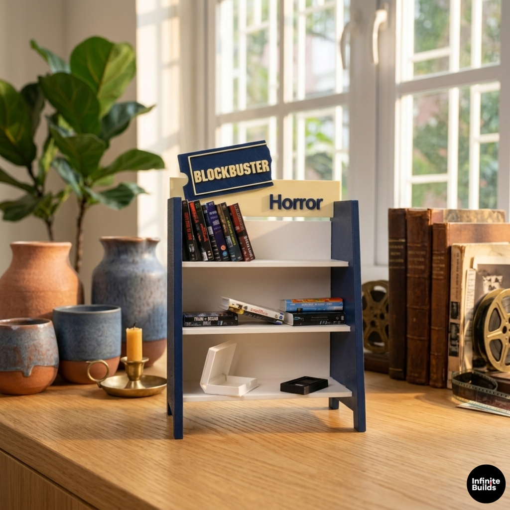 Mini VHS Display Shelf 1:12 | Retro Video Store Stand | Blockbuster Style Decor | Mini Movie Shelf | Collector Gift