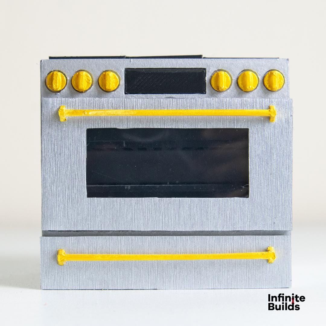 Miniature Café Smart Kitchen Range | Dollhouse Kitchen Stovetop and Oven | 1:12 Scale Model | Stainless Steel + Brushed Gold