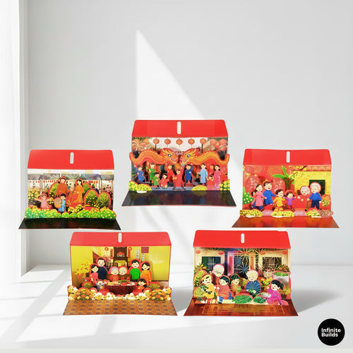 Assorted 3D Pop Up Red Envelopes Collection 2026 | Horizontal Wide Size | Vietnamese Tet Lucky Money | Mixed Family Scenes | Set of 5