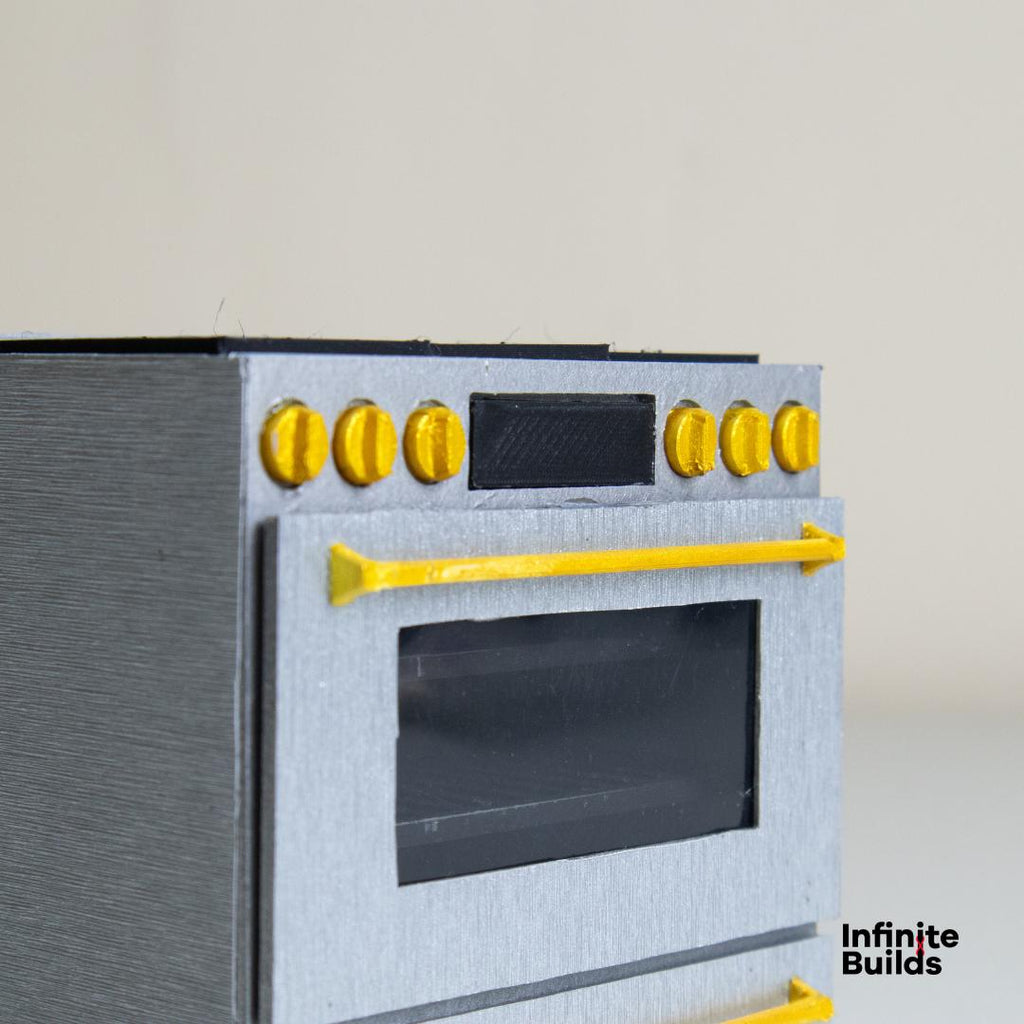 Miniature Café Smart Kitchen Range | Dollhouse Kitchen Stovetop and Oven | 1:12 Scale Model | Stainless Steel + Brushed Gold