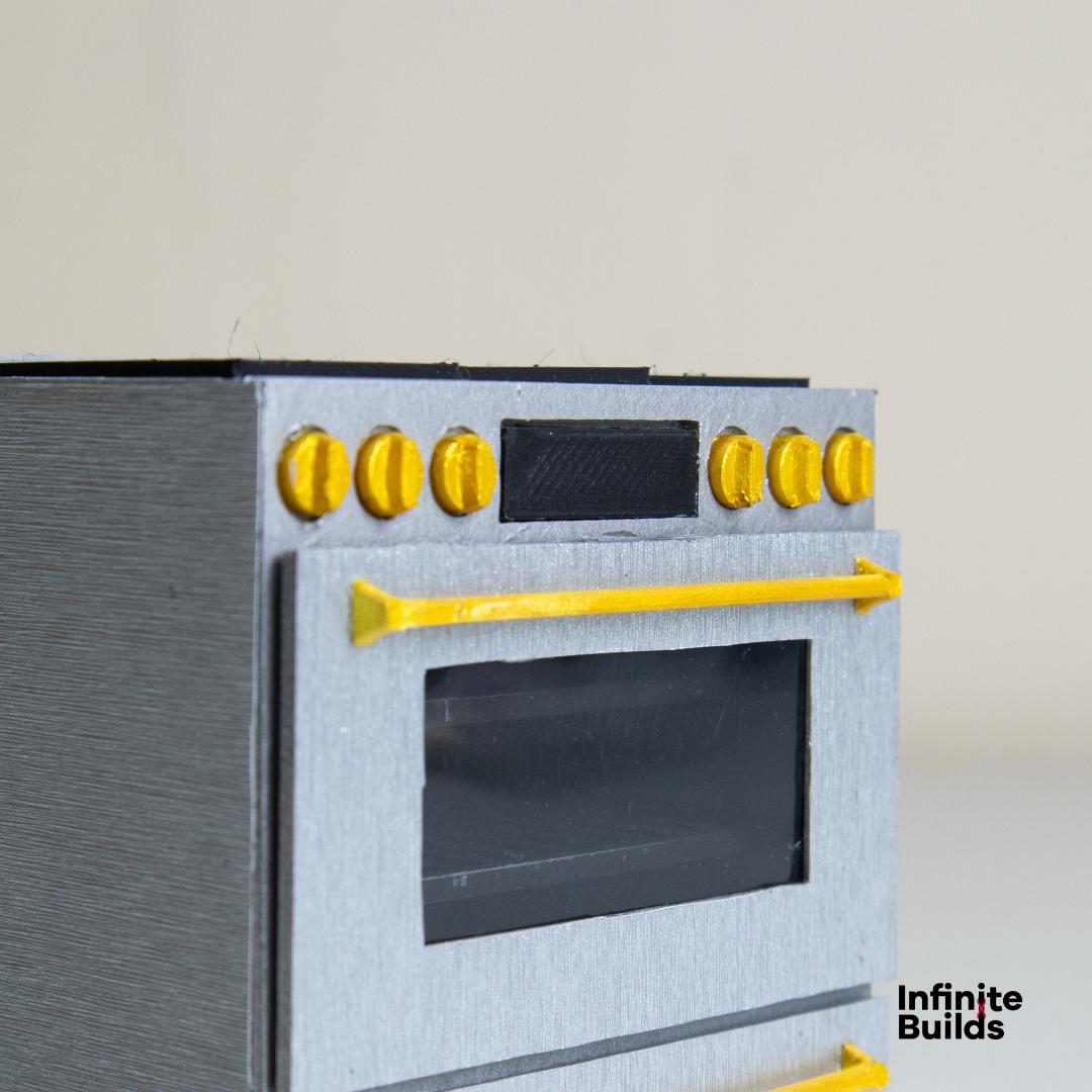 Miniature Café Smart Kitchen Range | Dollhouse Kitchen Stovetop and Oven | 1:12 Scale Model | Stainless Steel + Brushed Gold