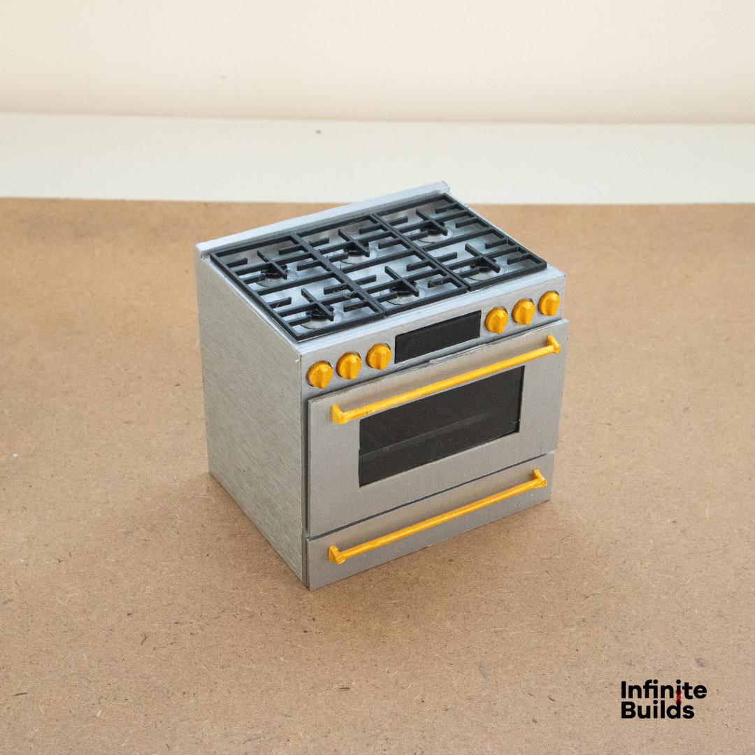 Miniature Café Smart Kitchen Range | Dollhouse Kitchen Stovetop and Oven | 1:12 Scale Model | Stainless Steel + Brushed Gold