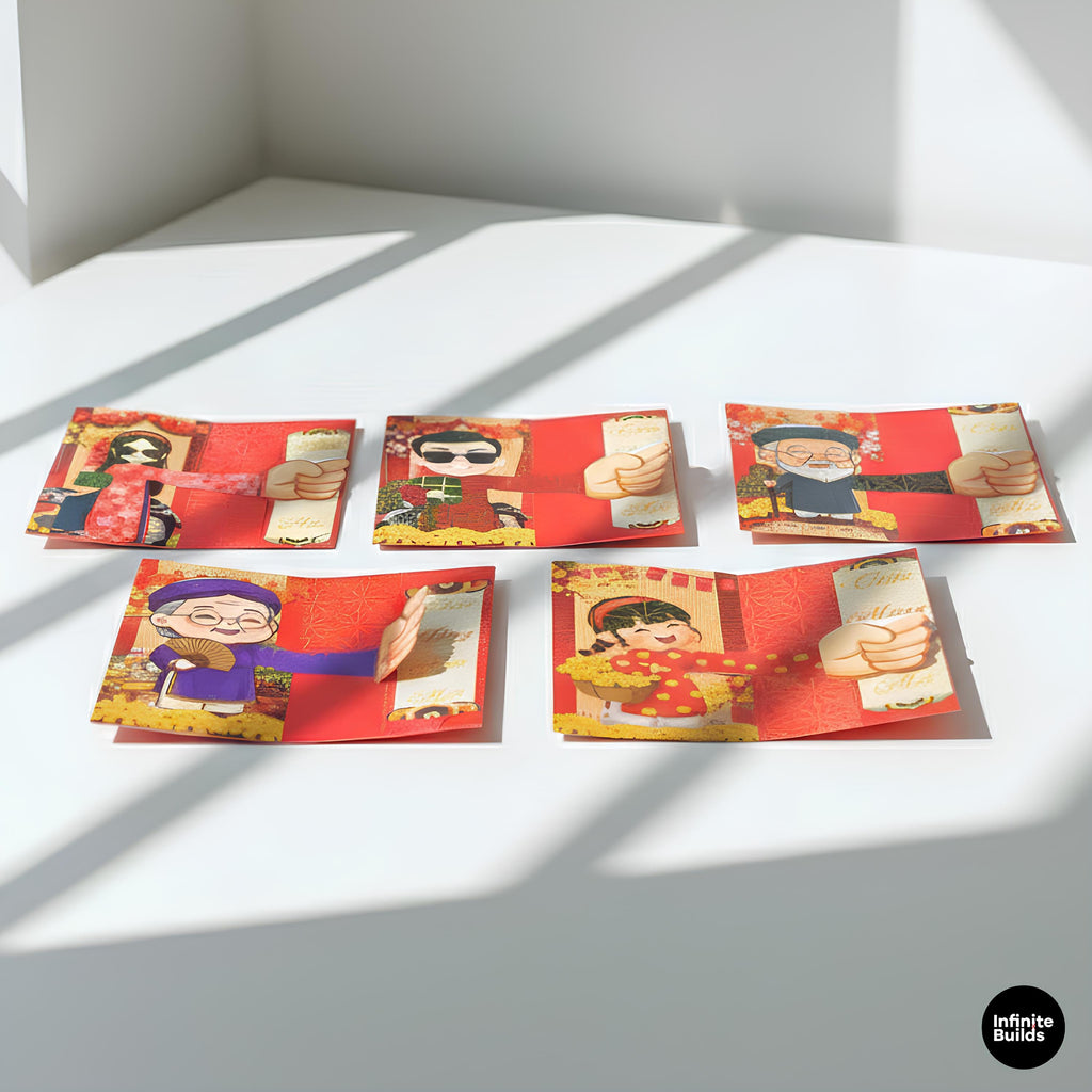 Assorted 3D Vietnamese Lucky Envelopes Set of 10 | Horizontal Open Style | Family Reunion Theme | Tet Red Packets 2026