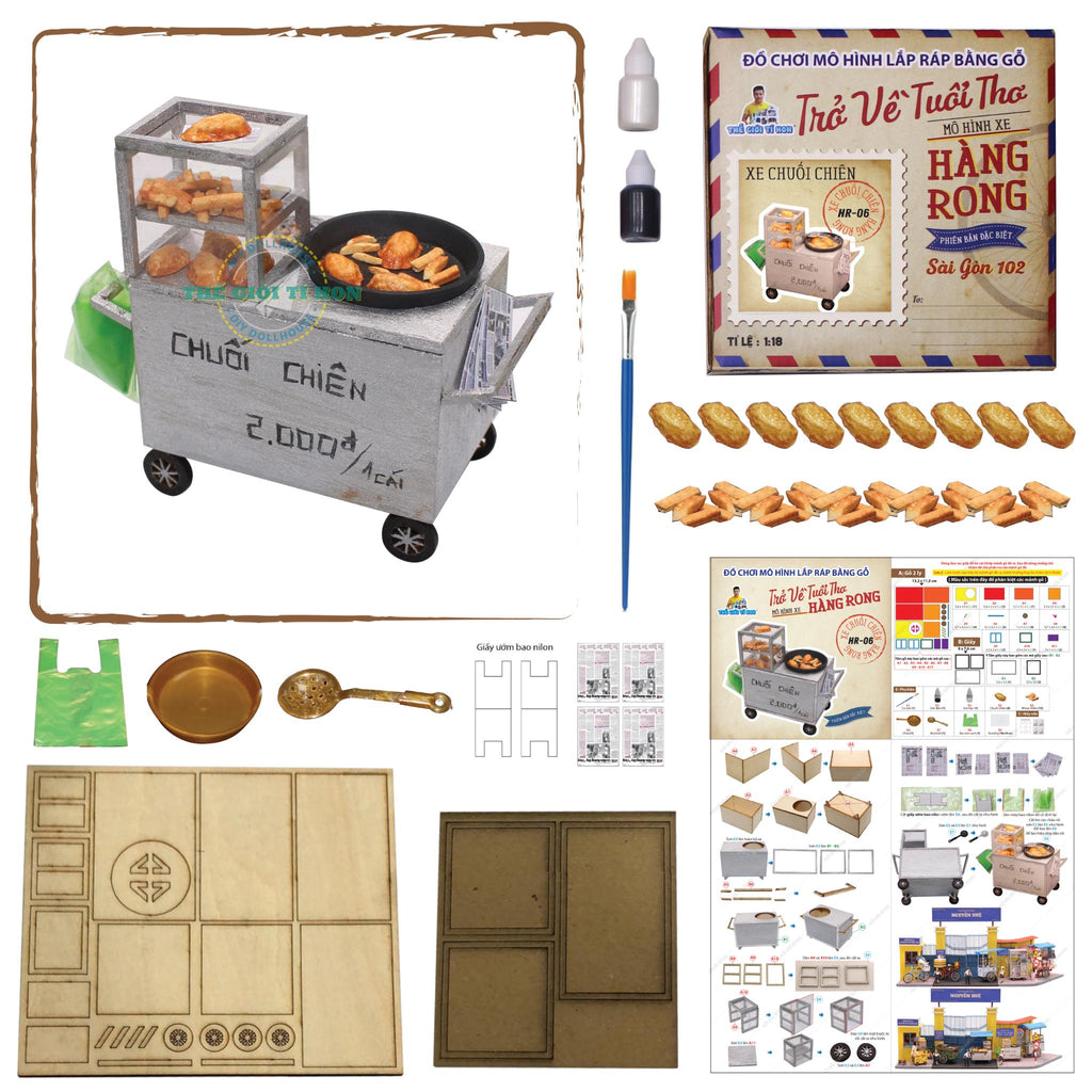 Miniature Vietnamese Fried Banana Cart DIY Kit: MDF Craft Project