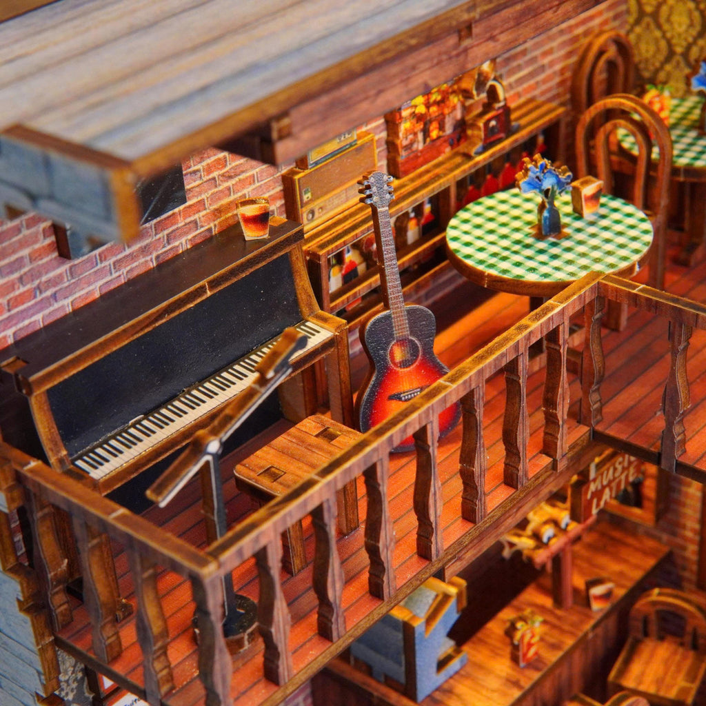 Halom Coffee Music DIY Book Nook | 1:24 Scale | Wooden Dollhouse Kit | LED Lighted Mini Room | Gift for DIY & Miniature Lovers