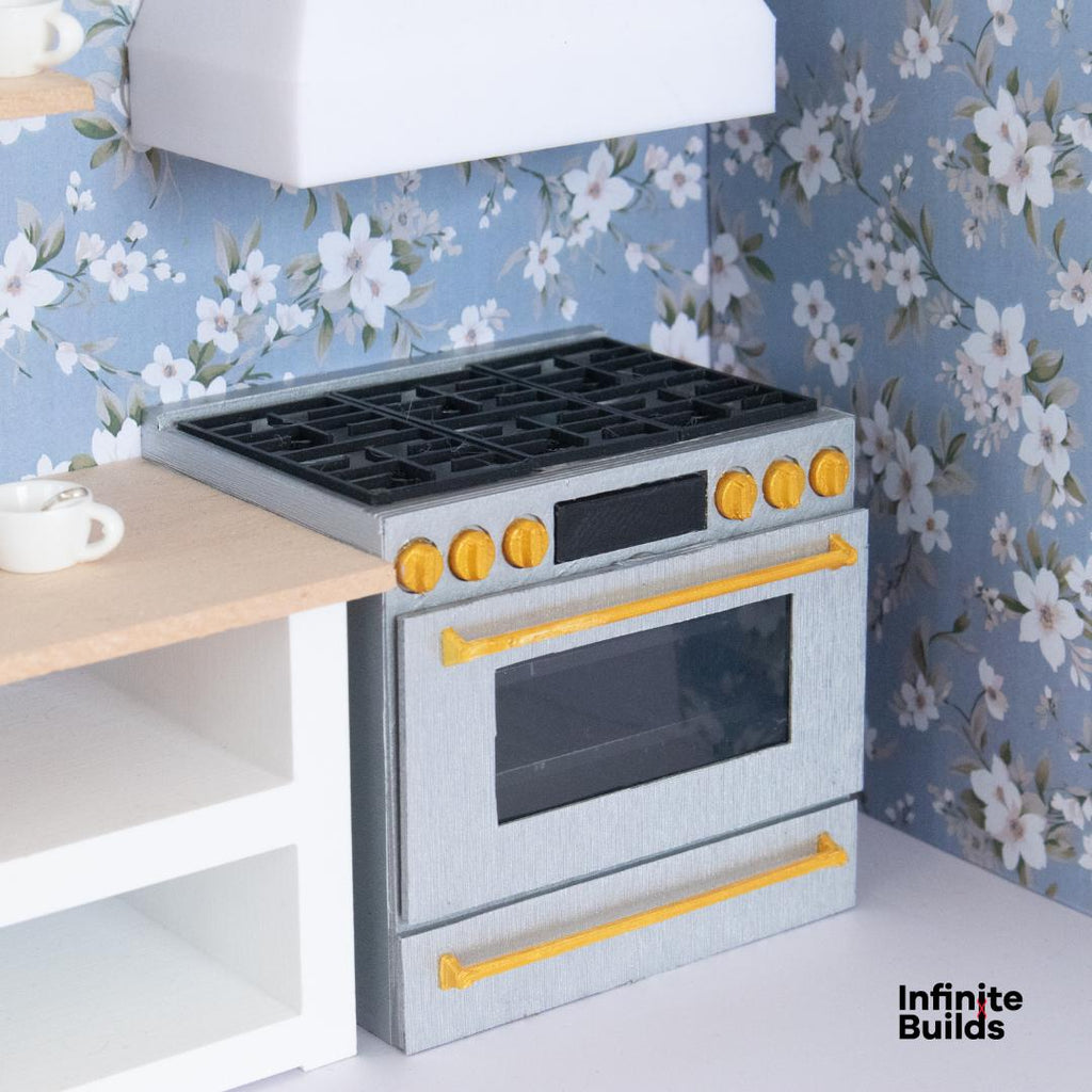 Miniature Café Smart Kitchen Range | Dollhouse Kitchen Stovetop and Oven | 1:12 Scale Model | Stainless Steel + Brushed Gold