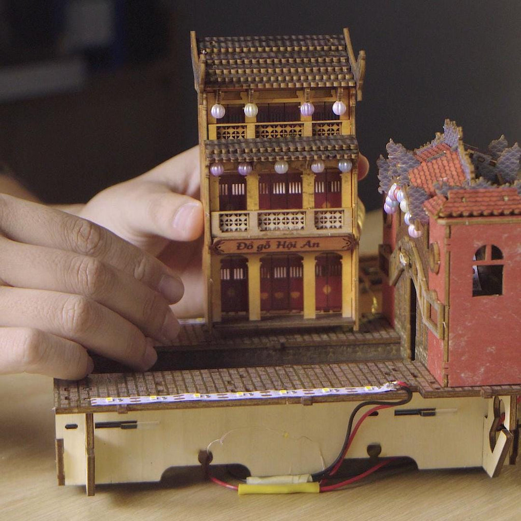 Hoi An Book Nook DIY Kit – Vietnamese Ancient Town Miniature, Wooden Bookshelf Insert with LED Light, Asian Diorama Craft Gift