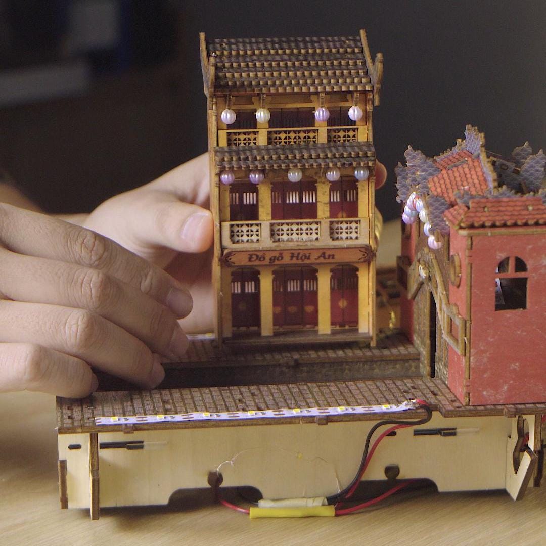 Hoi An Book Nook DIY Kit – Vietnamese Ancient Town Miniature, Wooden Bookshelf Insert with LED Light, Asian Diorama Craft Gift
