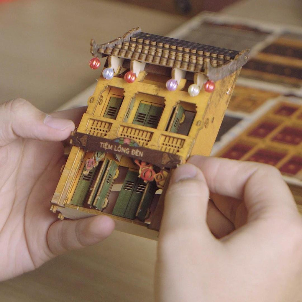 Hoi An Book Nook DIY Kit – Vietnamese Ancient Town Miniature, Wooden Bookshelf Insert with LED Light, Asian Diorama Craft Gift