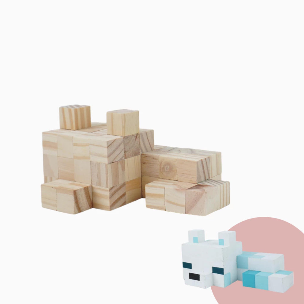 Minecraft Wooden Snow Fox Model & DIY Painting Kit | Handmade Natural Wood Toy, Collectible Gift for Gamers Kids