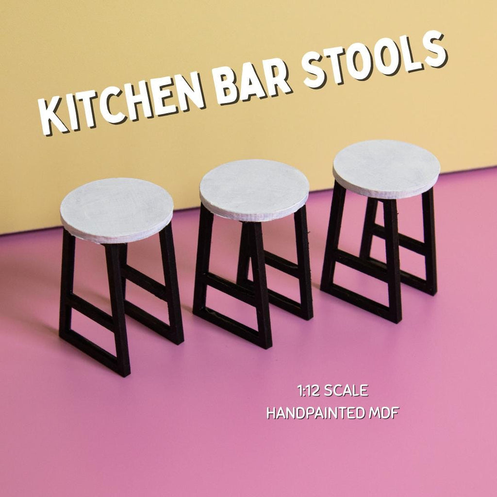 Miniature Kitchen Bar Stools | Set of 3 | 1:12 Scale Dollhouse Furniture | DIY | Laser Cut MDF | Handpainted