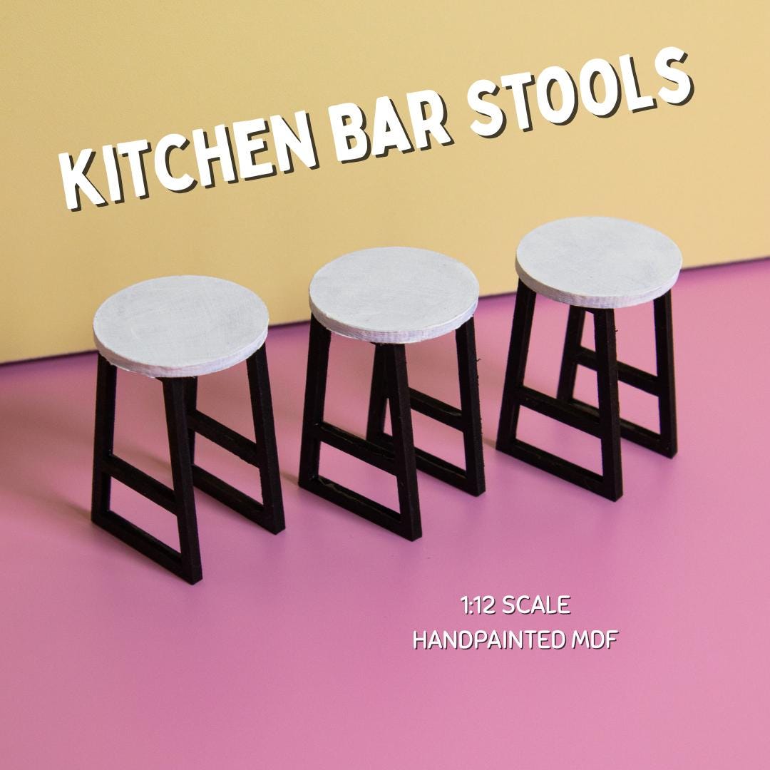 Miniature Kitchen Bar Stools | Set of 3 | 1:12 Scale Dollhouse Furniture | DIY | Laser Cut MDF | Handpainted