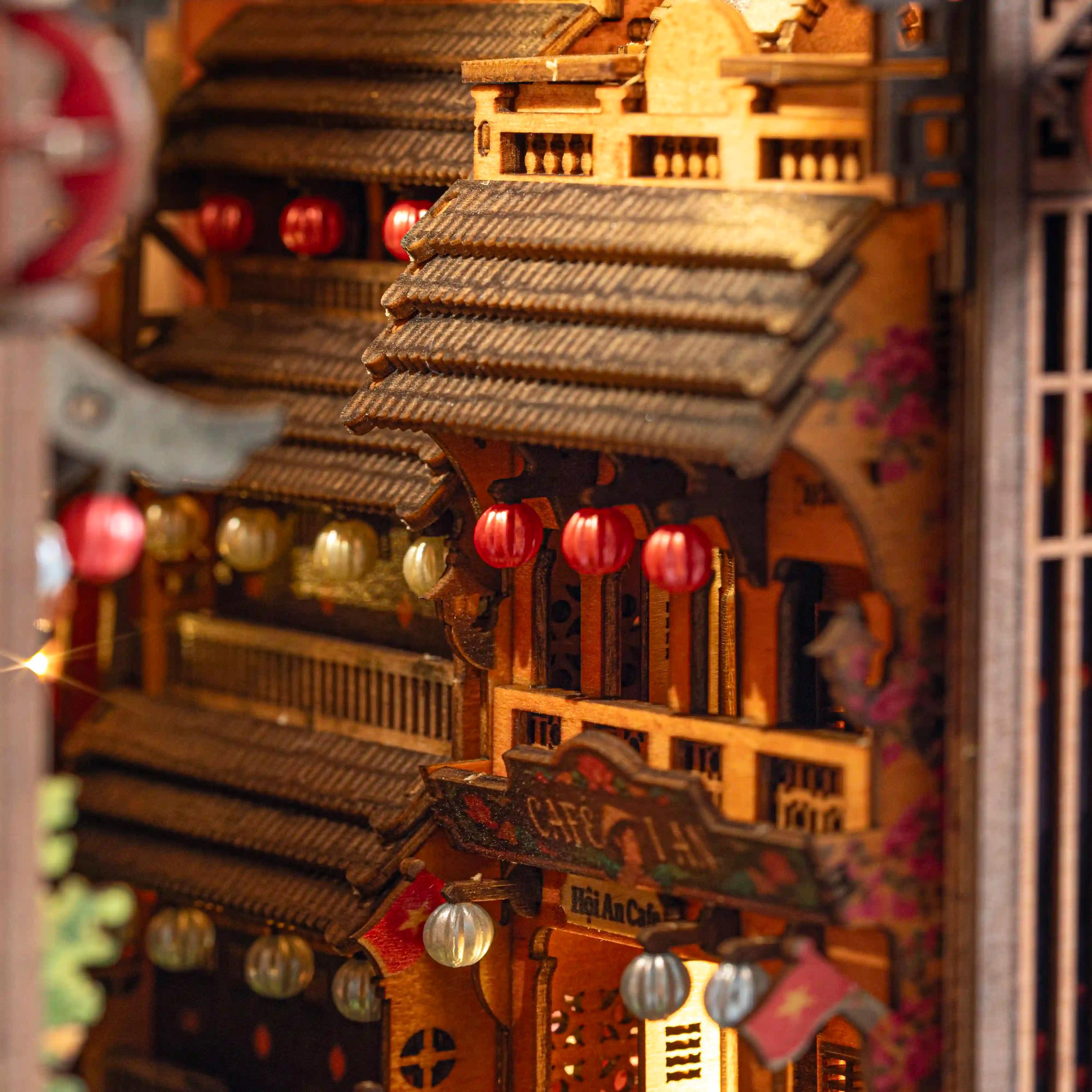 Hoi An Book Nook DIY Kit – Vietnamese Ancient Town Miniature, Wooden Bookshelf Insert with LED Light, Asian Diorama Craft Gift
