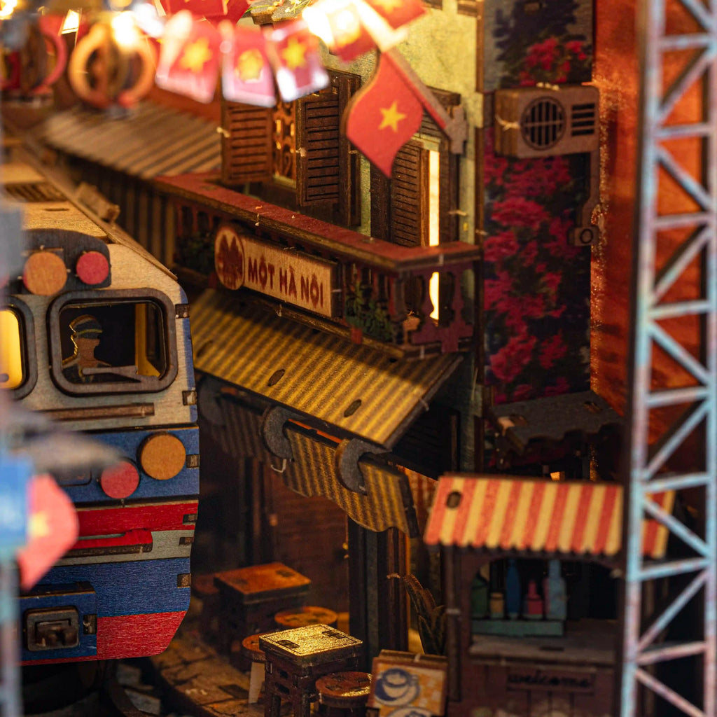 Hanoi Train Street DIY Book Nook Kit | Vietnamese Street Scene Miniature with LED Lights | 3D Wooden Puzzle Diorama | Handmade Vietnam Gift